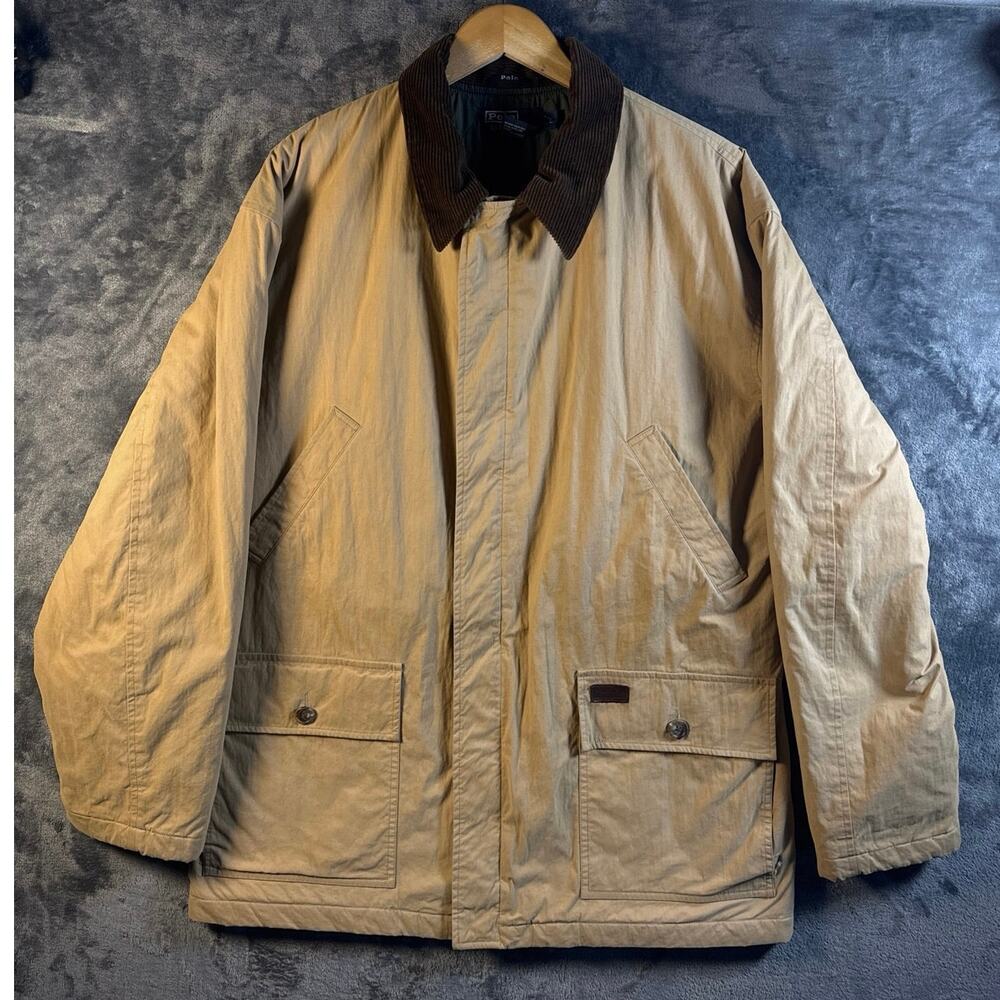 VTG 90s Polo Ralph Lauren Chore Coat Large Corduroy Collar Field Jacket Tan